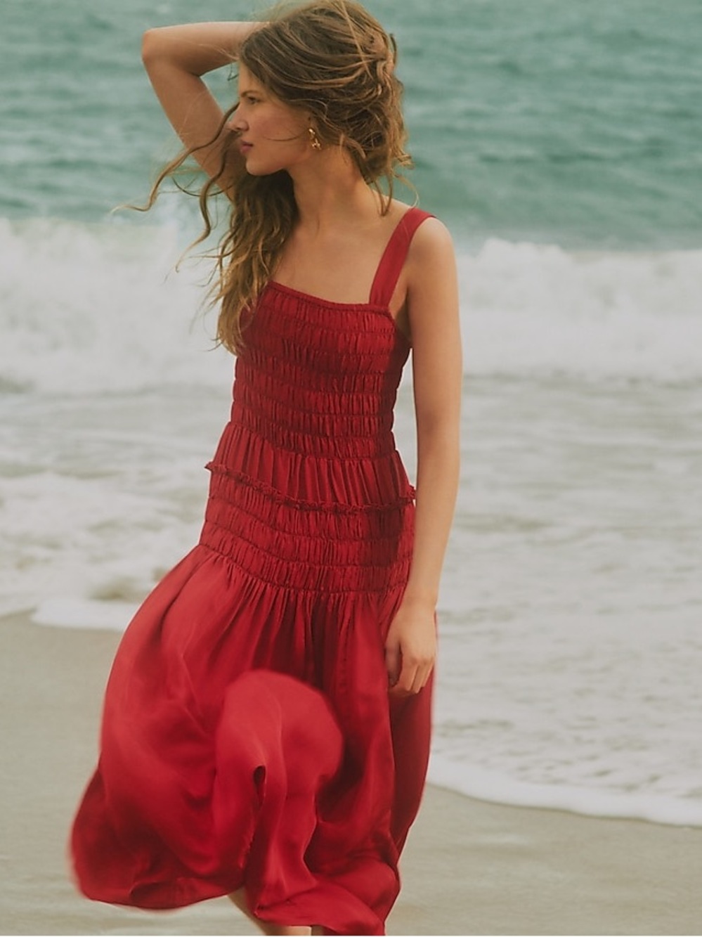 J. Crew Red Smocked Midi Dress - Picture 3 of 6